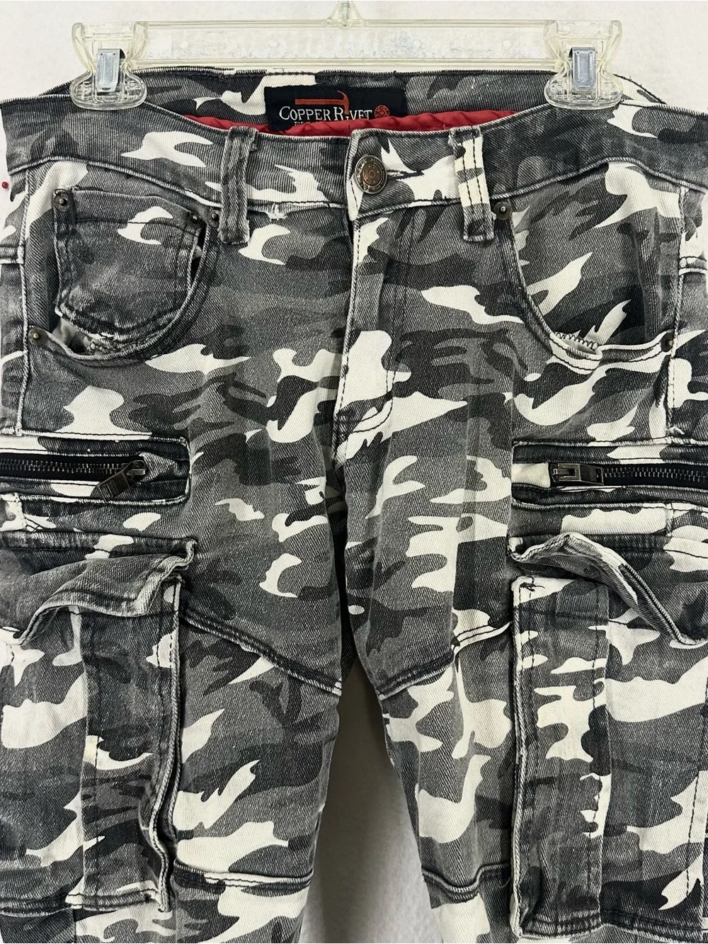 Copper Rivet Camo Cargo Skinny Jeans Mens Small Gray Stretch Zip Pocket Pants